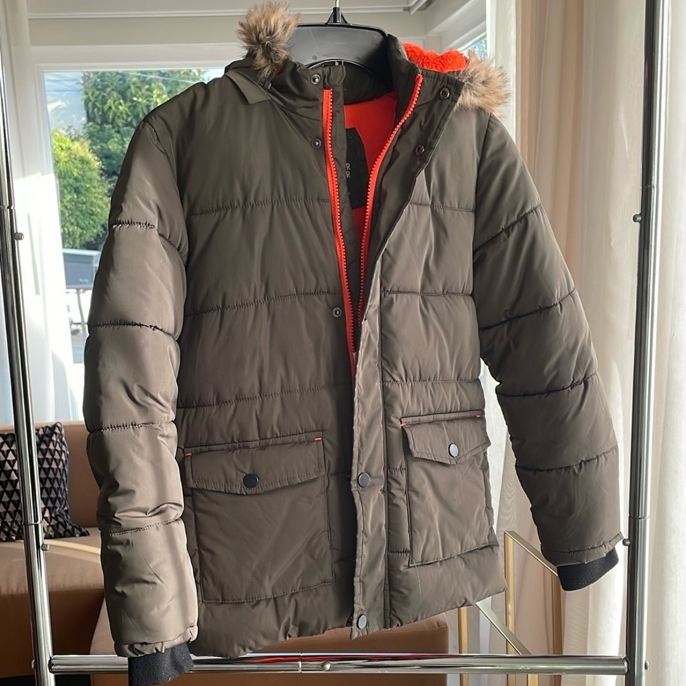 Men's Olive Green Puffer Jacket with Fur Hood